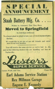 Staab Battery newspaper add announcing plant move to Springfield IL